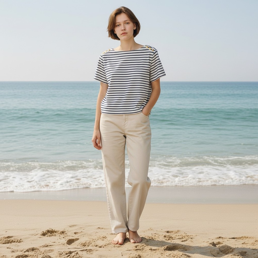 J.Crew Striped Boatneck T-Shirt NavyWhite Gold Shoulder Buttons Sm Cotton Sailor
